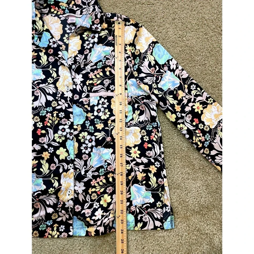Victoria's‎ Secret Pajama Top Womens Medium Black Floral Satin Sleep Button Up